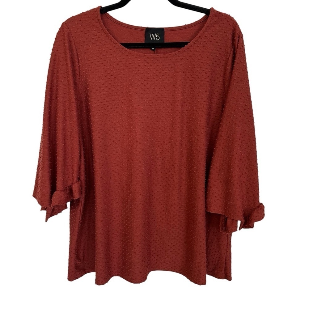 W5 Anthropologie Womens 3/4 Flowy Sleeve Scoop Neck Swiss Dot Rust Top Sz 1X GUC